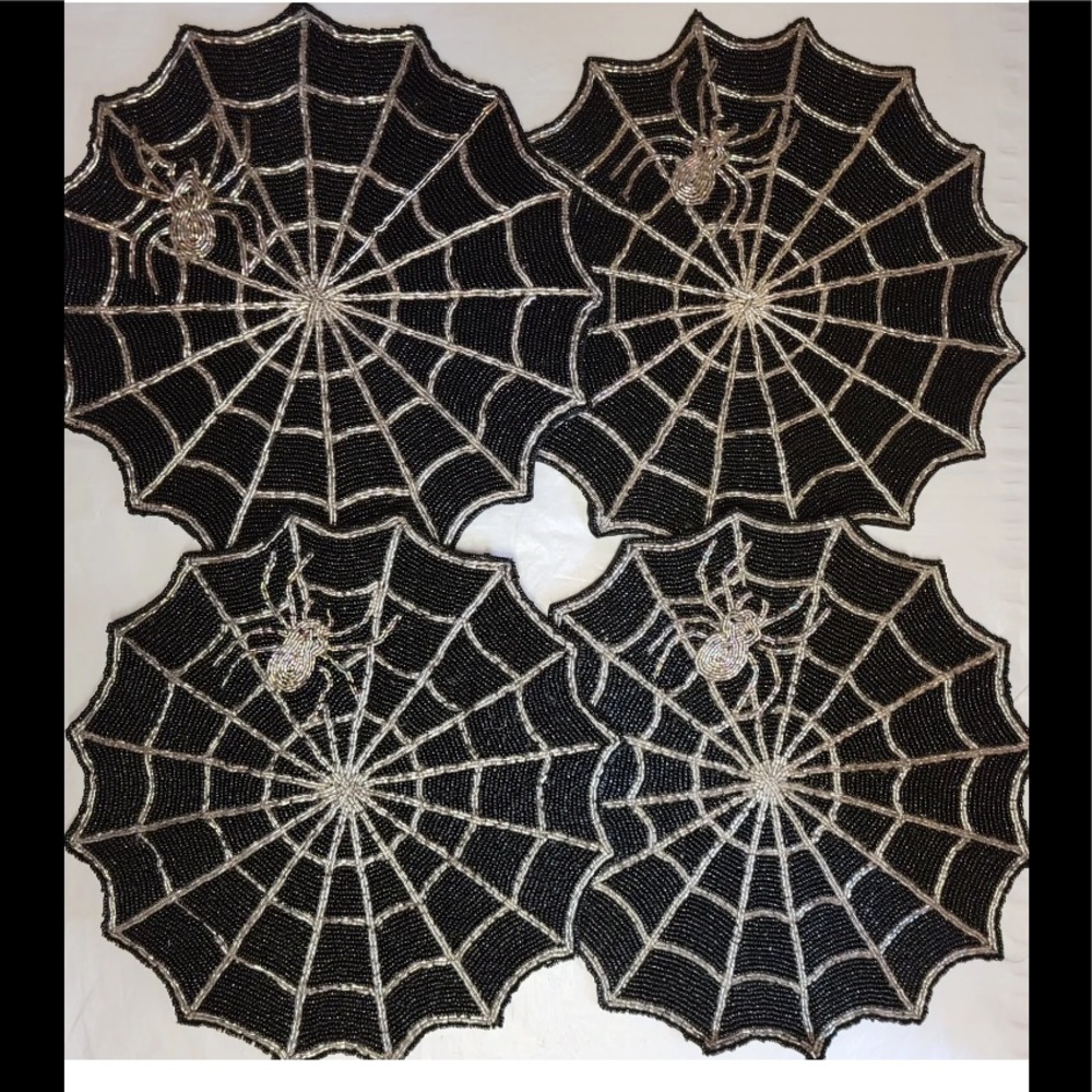 4x Nicole Miller Halloween Spiderweb Placemat Centerpiece Charger Black Gothic